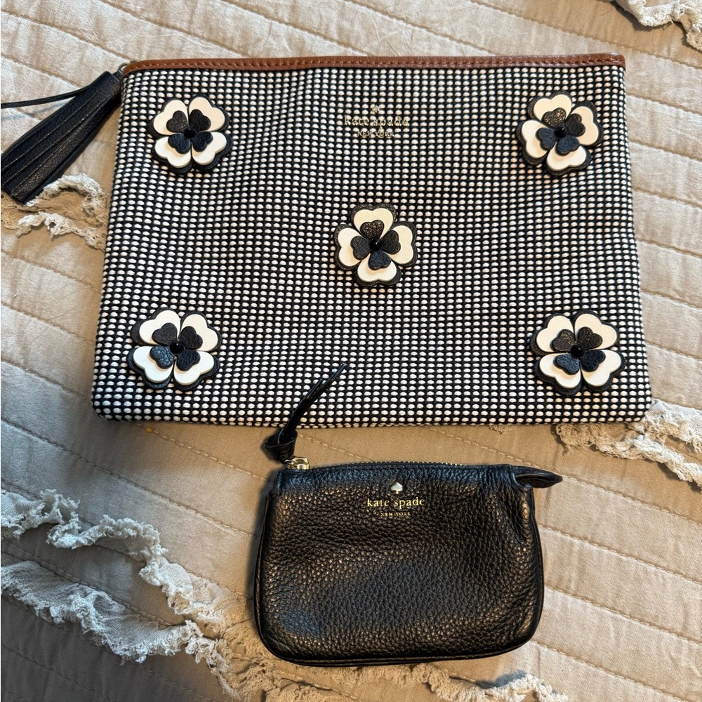 kate spade Black & White Floral Zip Pouch Set with Black Wristlet